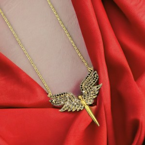 Сребърни Ангелски крила със златно покритие и черен циркон